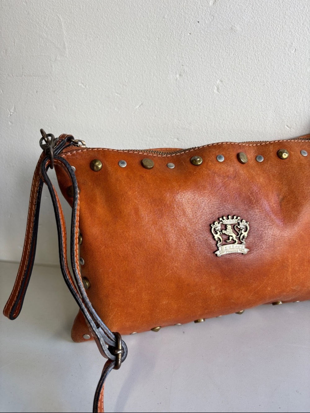 Italian made Leather crossbody with Crest Hardware